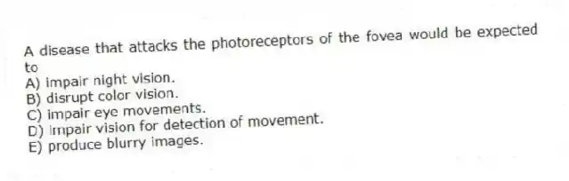 A disease that attacks the photoreceptors of the fovea would be expected to
A) impair night vision.
B) disrupt color vision.
C) impair eye movements.
D) impair vision for detection of movement.
E) produce blurry images.