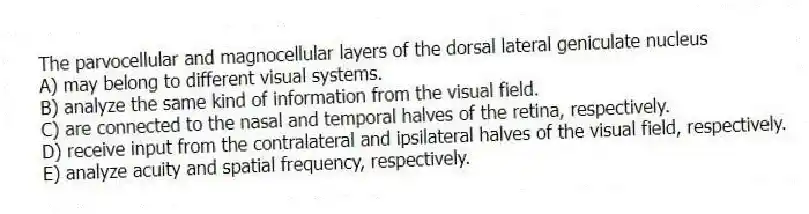 The parvocellular and magnocellular layers of the dorsal lateral geniculate nucleus
A) may belong to different visual systems.
B) analyze the same kind of information from the visual field.
C) are connected to the nasal and temporal halves of the retina, respectively.
D) receive input from the contralateral and ipsilateral halves of the visual field, respectively.
E) analyze acuity and spatial frequency, respectively.