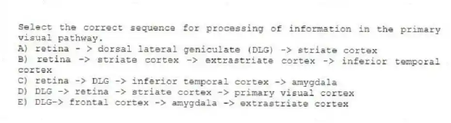Select the correct sequence for processing of information in the primary visual pathway.
A) retina - > dorsal lateral geniculate (DLG) -> striate cortex
B) retina -> striate cortex -> extrastriate cortex -> inferior temporal cortex
C) retina -> DLG -> inferior temporal cortex -> amygdala
D) DLG -> retina -> striate cortex -> primary visual cortex
E) DLG-> frontal cortex -> amygdala -> extrastriate cortex