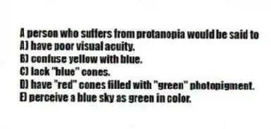 A person who suffers from protanopia would be said to
A) have poor visual acuity.
B) confuse yellow with blue.
C) lack "blue" cones.
D) have "red" cones filled with "green" photopigment.
E) perceive a blue sky as green in color.