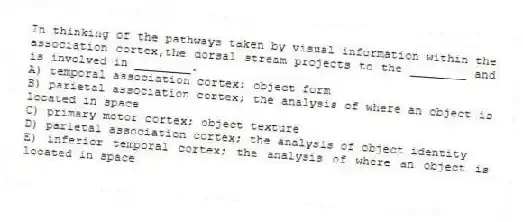 In thinking of the pathways taken by visual information within the association cortex,the dorsal stream projects to the ________ and is involved in ________.
A) temporal association cortex; object form
B) parietal association cortex; the analysis of where an object is located in space
C) primary motor cortex; object texture
D) parietal association cortex; the analysis of object identity
E) inferior temporal cortex; the analysis of where an object is located in space