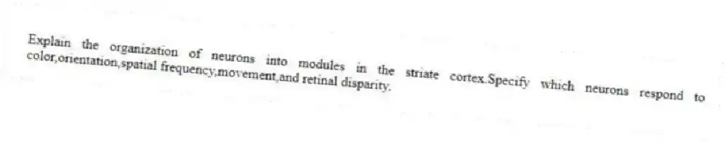 Explain the organization of neurons into modules in the striate cortex.Specify which neurons respond to color,orientation,spatial frequency,movement,and retinal disparity.