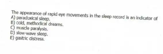 The appearance of rapid eye movements in the sleep record is an indicator of
A) paradoxical sleep.
B) cold, methodical dreams.
C) muscle paralysis.
D) slow-wave sleep.
E) gastric distress.