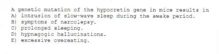A genetic mutation of the hypocretin gene in mice results in
A) intrusion of slow-wave sleep during the awake period.
B) symptoms of narcolepsy.
C) prolonged sleeping.
D) hypnagogic hallucinations.
E) excessive overeating.