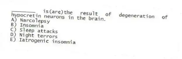 ________ is(are)the result of degeneration of hypocretin neurons in the brain.
A) Narcolepsy
B) Insomnia
C) Sleep attacks
D) Night terrors
E) Iatrogenic insomnia