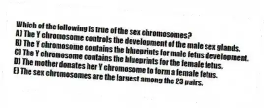 Which of the following is true of the sex chromosomes?
A) The Y chromosome controls the development of the male sex glands.
B) The Y chromosome contains the blueprints for male fetus development.
C) The Y chromosome contains the blueprints for the female fetus.
D) The mother donates her Y chromosome to form a female fetus.
E) The sex chromosomes are the largest among the 23 pairs.