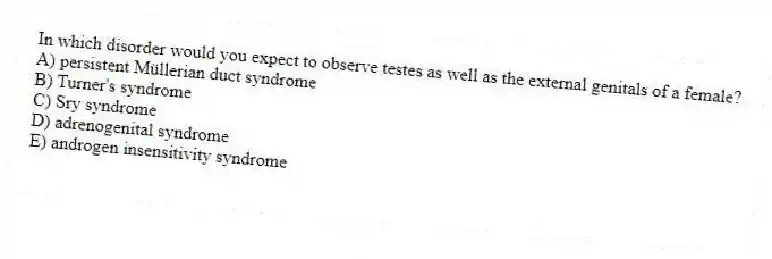 In which disorder would you expect to observe testes as well as the external genitals of a female?
A) persistent Müllerian duct syndrome
B) Turner's syndrome
C) Sry syndrome
D) adrenogenital syndrome
E) androgen insensitivity syndrome