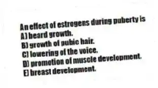 An effect of estrogens during puberty is
A) beard growth.
B) growth of pubic hair.
C) lowering of the voice.
D) promotion of muscle development.
E) breast development.
