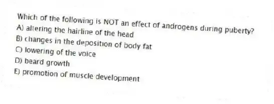 Which of the following is NOT an effect of androgens during puberty?
A) altering the hairline of the head
B) changes in the deposition of body fat
C) lowering of the voice
D) beard growth
E) promotion of muscle development