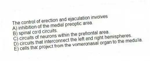 The control of erection and ejaculation involves
A) inhibition of the medial preoptic area.
B) spinal cord circuits.
C) circuits of neurons within the prefrontal area.
D) circuits that interconnect the left and right hemispheres.
E) cells that project from the vomeronasal organ to the medulla.