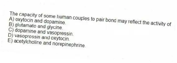 The capacity of some human couples to pair bond may reflect the activity of
A) oxytocin and dopamine.
B) glutamate and glycine.
C) dopamine and vasopressin.
D) vasopressin and oxytocin.
E) acetylcholine and norepinephrine.