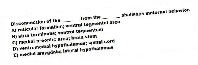 Disconnection of the ________ from the ________ abolishes maternal behavior.
A) reticular formation; ventral tegmental area
B) stria terminalis; ventral tegmentum
C) medial preoptic area; brain stem
D) ventromedial hypothalamus; spinal cord
E) medial amygdala; lateral hypothalamus