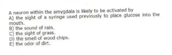 A neuron within the amygdala is likely to be activated by
A) the sight of a syringe used previously to place glucose into the mouth.
B) the sound of rain.
C) the sight of grass.
D) the smell of wood chips.
E) the odor of dirt.