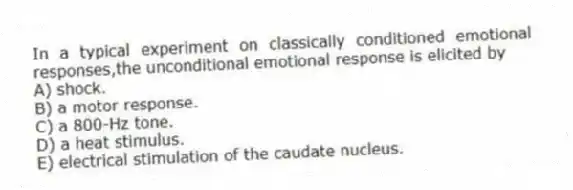 In a typical experiment on classically conditioned emotional responses,the unconditional emotional response is elicited by
A) shock.
B) a motor response.
C) a 800-Hz tone.
D) a heat stimulus.
E) electrical stimulation of the caudate nucleus.