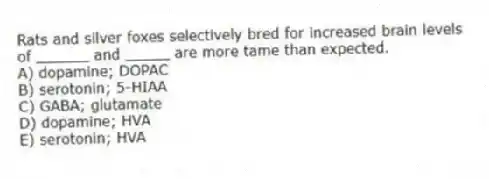 Rats and silver foxes selectively bred for increased brain levels of ______ and _____ are more tame than expected.
A) dopamine; DOPAC
B) serotonin; 5-HIAA
C) GABA; glutamate
D) dopamine; HVA
E) serotonin; HVA