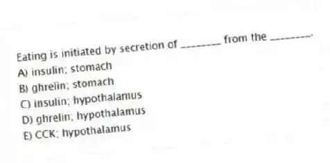 Eating is initiated by secretion of ________ from the ________.
A) insulin; stomach
B) ghrelin; stomach
C) insulin; hypothalamus
D) ghrelin; hypothalamus
E) CCK; hypothalamus