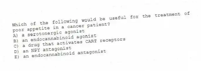 Which of the following would be useful for the treatment of poor appetite in a cancer patient?
A) a serotonergic agonist
B) an endocannabinoid agonist
C) a drug that activates CART receptors
D) an NPY antagonist
E) an endocannabinoid antagonist
