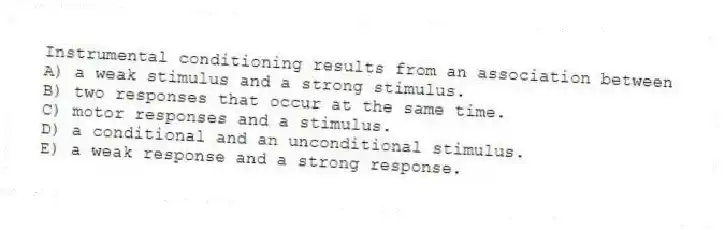 Instrumental conditioning results from an association between
A) a weak stimulus and a strong stimulus.
B) two responses that occur at the same time.
C) motor responses and a stimulus.
D) a conditional and an unconditional stimulus.
E) a weak response and a strong response.