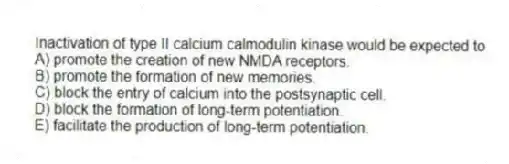 Inactivation of type II calcium calmodulin kinase would be expected to
A) promote the creation of new NMDA receptors.
B) promote the formation of new memories.
C) block the entry of calcium into the postsynaptic cell.
D) block the formation of long-term potentiation.
E) facilitate the production of long-term potentiation.