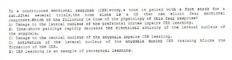 In a conditioned emotional response (CER)study,a tone is paired with a foot shock for a rat.After several trials,the tone alone is a CS that can elicit fear emotional responses.Which of the following is true of the physiology of this fear response?
A) Damage to the lateral nucleus of the prefrontal cortex impairs CER learning.
B) Tone-shock pairings rapidly decrease the electrical activity of the lateral nucleus of the amygdala.
C) Damage to the central nucleus of the amygdala impairs CER learning.
D) Activation of the lateral nucleus of the amygdala during CER training blocks the formation of the CER.
E) CER learning is an example of perceptual learning.