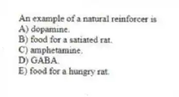 An example of a natural reinforcer is
A) dopamine.
B) food for a satiated rat.
C) amphetamine.
D) GABA.
E) food for a hungry rat.