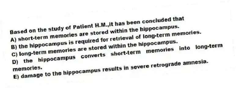 Based on the study of Patient H.M.,it has been concluded that
A) short-term memories are stored within the hippocampus.
B) the hippocampus is required for retrieval of long-term memories.
C) long-term memories are stored within the hippocampus.
D) the hippocampus converts short-term memories into long-term memories.
E) damage to the hippocampus results in severe retrograde amnesia.