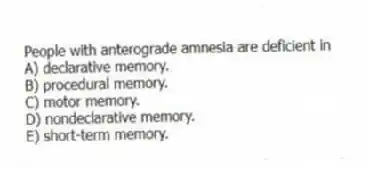 People with anterograde amnesia are deficient in
A) declarative memory.
B) procedural memory.
C) motor memory.
D) nondeclarative memory.
E) short-term memory.