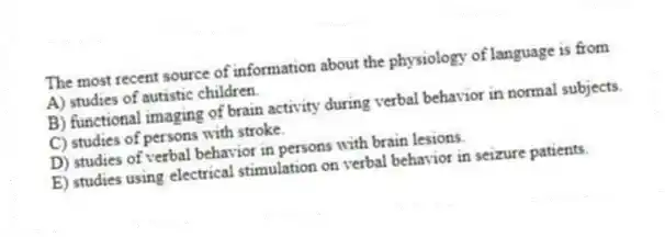 The most recent source of information about the physiology of language is from
A) studies of autistic children.
B) functional imaging of brain activity during verbal behavior in normal subjects.
C) studies of persons with stroke.
D) studies of verbal behavior in persons with brain lesions.
E) studies using electrical stimulation on verbal behavior in seizure patients.