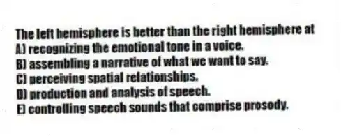 The left hemisphere is better than the right hemisphere at
A) recognizing the emotional tone in a voice.
B) assembling a narrative of what we want to say.
C) perceiving spatial relationships.
D) production and analysis of speech.
E) controlling speech sounds that comprise prosody.