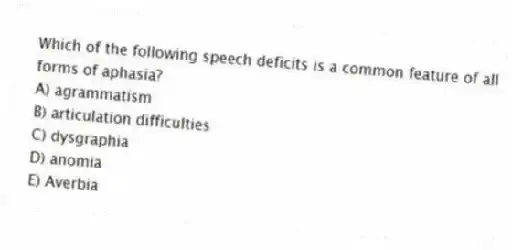 Which of the following speech deficits is a common feature of all forms of aphasia?
A) agrammatism
B) articulation difficulties
C) dysgraphia
D) anomia
E) Averbia