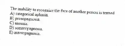 The inability to recognize the face of another person is termed
A) categorical aphasia.
B) prosopagnosia.
C) anomia.
D) somatopagnosia.
E) autotopagnosia.