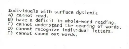 Individuals with surface dyslexia
A) cannot read.
B) have a deficit in whole-word reading.
C) cannot understand the meaning of words.
D) cannot recognize individual letters.
E) cannot sound out words.