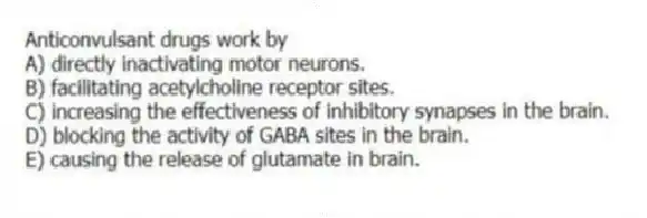Anticonvulsant drugs work by
A) directly inactivating motor neurons.
B) facilitating acetylcholine receptor sites.
C) increasing the effectiveness of inhibitory synapses in the brain.
D) blocking the activity of GABA sites in the brain.
E) causing the release of glutamate in brain.