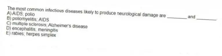 The most common infectious diseases likely to produce neurological damage are ________ and ________.
A) AIDS; polio
B) poliomyelitis; AIDS
C) multiple sclerosis; Alzheimer's disease
D) encephalitis; meningitis
E) rabies; herpes simplex