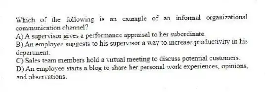 Which of the following is an example of an informal organizational communication channel?
A) A supervisor gives a performance appraisal to her subordinate.
B) An employee suggests to his supervisor a way to increase productivity in his department.
C) Sales team members hold a virtual meeting to discuss potential customers.
D) An employee starts a blog to share her personal work experiences, opinions, and observations.