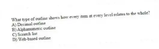 What type of outline shows how every item at every level relates to the whole?
A) Decimal outline
B) Alphanumeric outline
C) Scratch list
D) Web-based outline