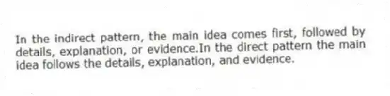 In the indirect pattern, the main idea comes first, followed by details, explanation, or evidence.In the direct pattern the main idea follows the details, explanation, and evidence.