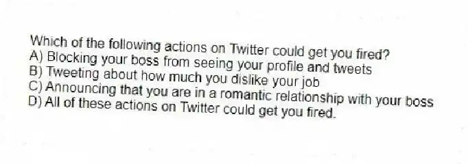 Which of the following actions on Twitter could get you fired?
A) Blocking your boss from seeing your profile and tweets
B) Tweeting about how much you dislike your job
C) Announcing that you are in a romantic relationship with your boss
D) All of these actions on Twitter could get you fired.