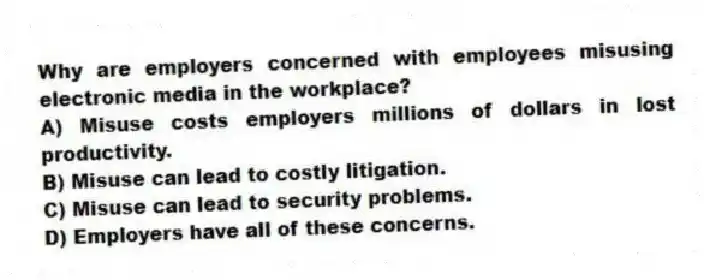 Why are employers concerned with employees misusing electronic media in the workplace?
A) Misuse costs employers millions of dollars in lost productivity.
B) Misuse can lead to costly litigation.
C) Misuse can lead to security problems.
D) Employers have all of these concerns.