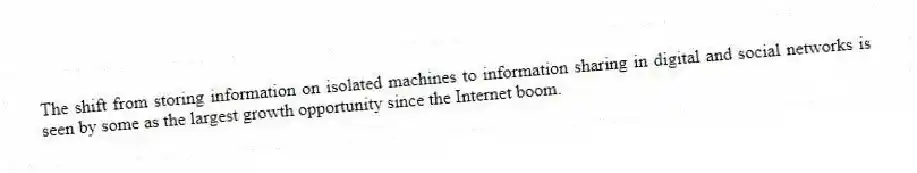 The shift from storing information on isolated machines to information sharing in digital and social networks is seen by some as the largest growth opportunity since the Internet boom.