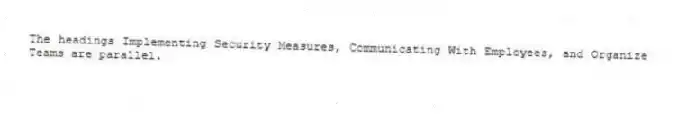 The headings Implementing Security Measures, Communicating With Employees, and Organize Teams are parallel.