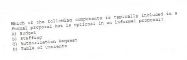 Which of the following components is typically included in a formal proposal but is optional in an informal proposal?
A) Budget
B) Staffing
C) Authorization Request
D) Table of Contents