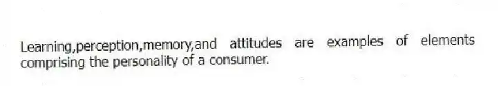 Learning,perception,memory,and attitudes are examples of elements comprising the personality of a consumer.