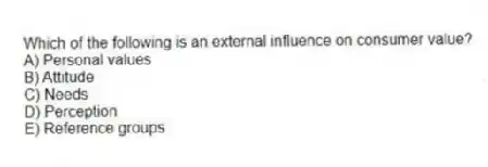Which of the following is an external influence on consumer value?
A) Personal values
B) Attitude
C) Needs
D) Perception
E) Reference groups