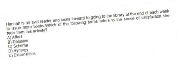Hannah is an avid reader and looks forward to going to the library at the end of each week to issue more books.Which of the following terms refers to the sense of satisfaction she feels from this activity?
A) Affect
B) Delusion
C) Schema
D) Synergy
E) Externalities