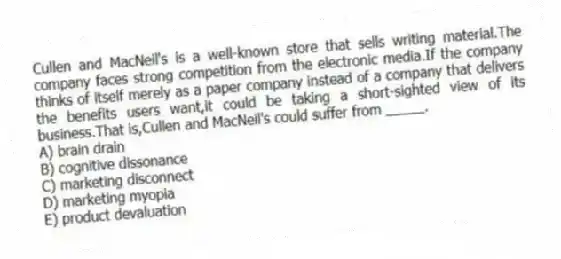 Cullen and MacNeil's is a well-known store that sells writing material.The company faces strong competition from the electronic media.If the company thinks of itself merely as a paper company instead of a company that delivers the benefits users want,it could be taking a short-sighted view of its business.That is,Cullen and MacNeil's could suffer from _____.
A) brain drain
B) cognitive dissonance
C) marketing disconnect
D) marketing myopia
E) product devaluation