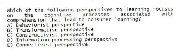Which of the following perspectives to learning focuses on the cognitive processes associated with comprehension that lead to consumer learning?
A) Behaviorist perspective
B) Transformative perspective
C) Constructivist perspective
D) Information processing perspective
E) Connectivist perspective