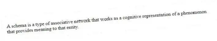 A schema is a type of associative network that works as a cognitive representation of a phenomenon that provides meaning to that entity.