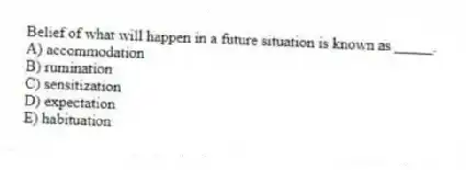 Belief of what will happen in a future situation is known as _____.
A) accommodation
B) rumination
C) sensitization
D) expectation
E) habituation
