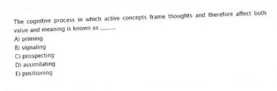 The cognitive process in which active concepts frame thoughts and therefore affect both value and meaning is known as _____.
A) priming
B) signaling
C) prospecting
D) assimilating
E) positioning